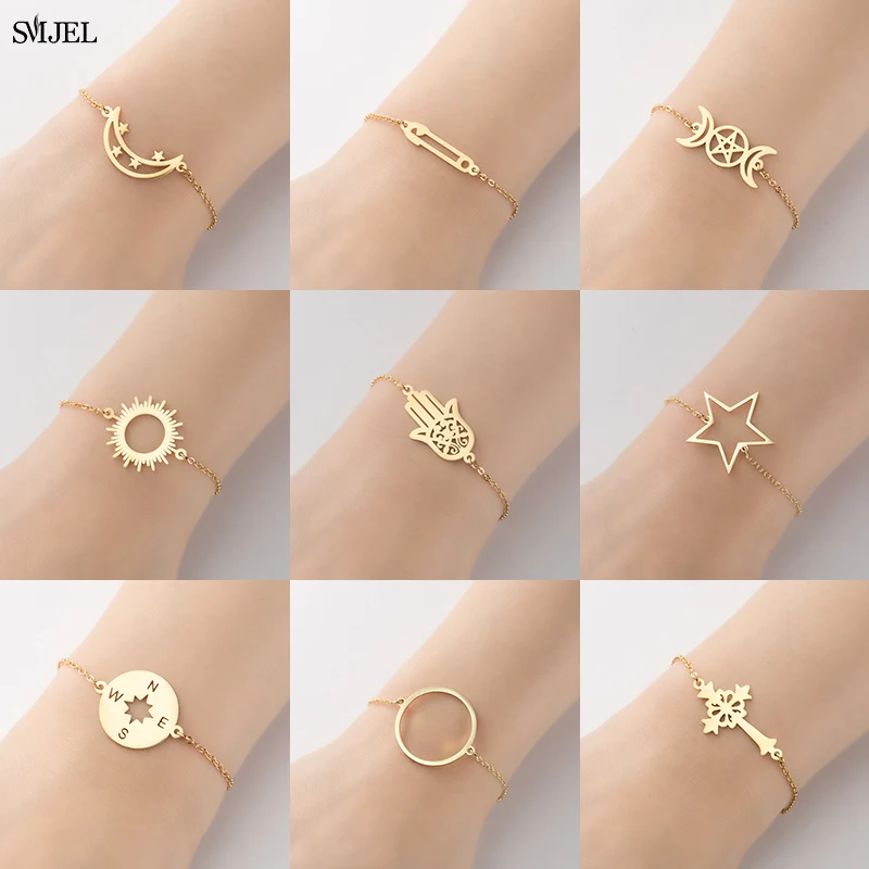 Stainless Steel Crescent Bracelets Fashion Sun Moon Star Charm Bracelet For Women Hamsa Supernatural Jewelry Party Best Gifts