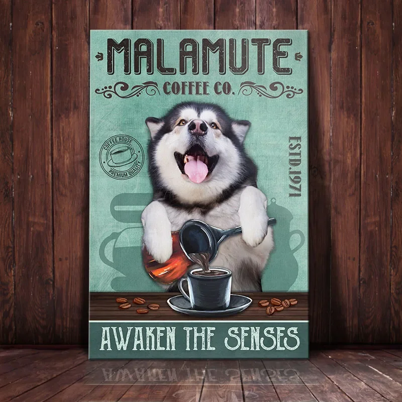 Gift for Alaskan Malamute Lovers Dog Malamute Coffee Poster for Coffee Shop Bathroom Home Decor Vintage Metal Tin Sign Wall Art