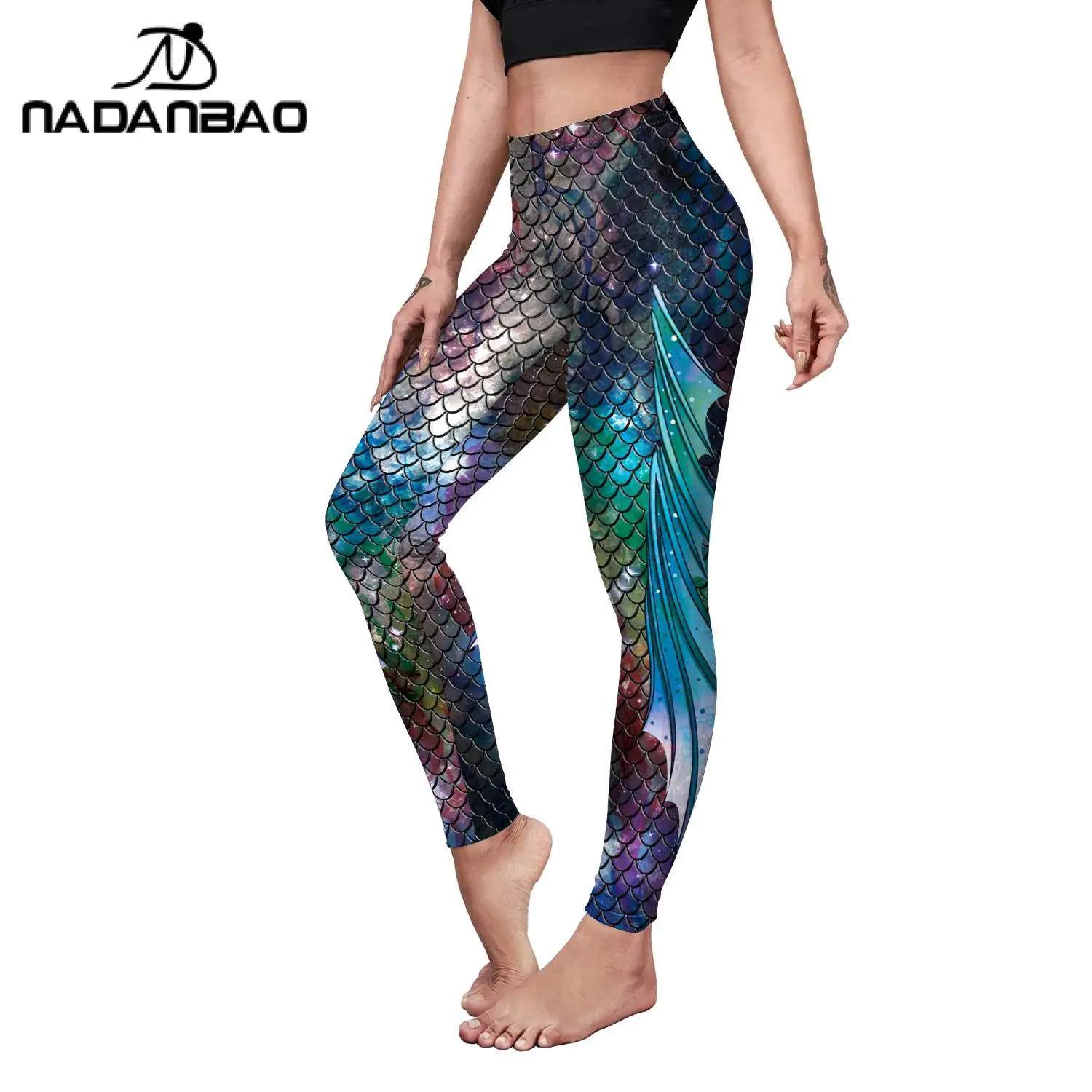 Nadanbao Fish Scale Leggings Women Pants Dancing Party Pant Sexy Night Club Skinny Costume Printing Pants Tight Trousers