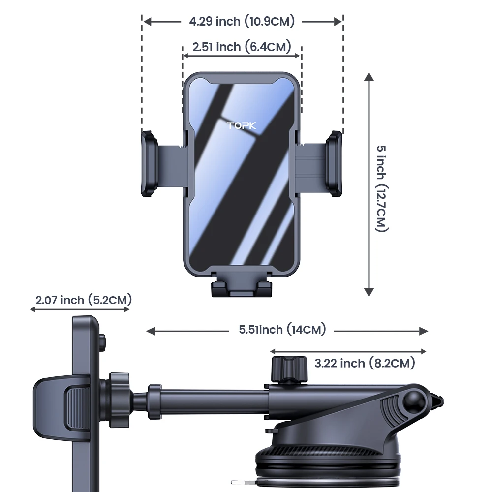 حامل هاتف السيارة بالشفط القوي من TOPK - 360 درجة ° حامل عالمي قابل للدوران للوحة القيادة والزجاج الأمامي، متوافق مع iPhone وAndroid #5