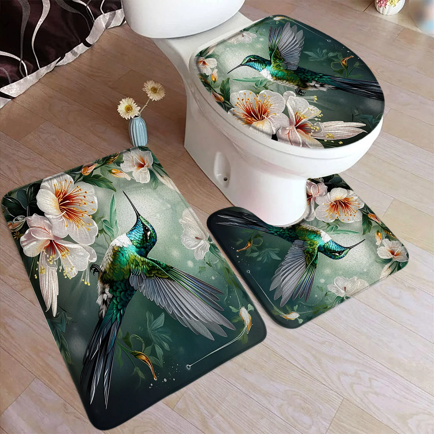 Green Hummingbird Bath Mat Set White Flowers Plant Butterfly Birds Rustic Scenery Home Carpet Bathroom Decor Rugs Toilet Cover