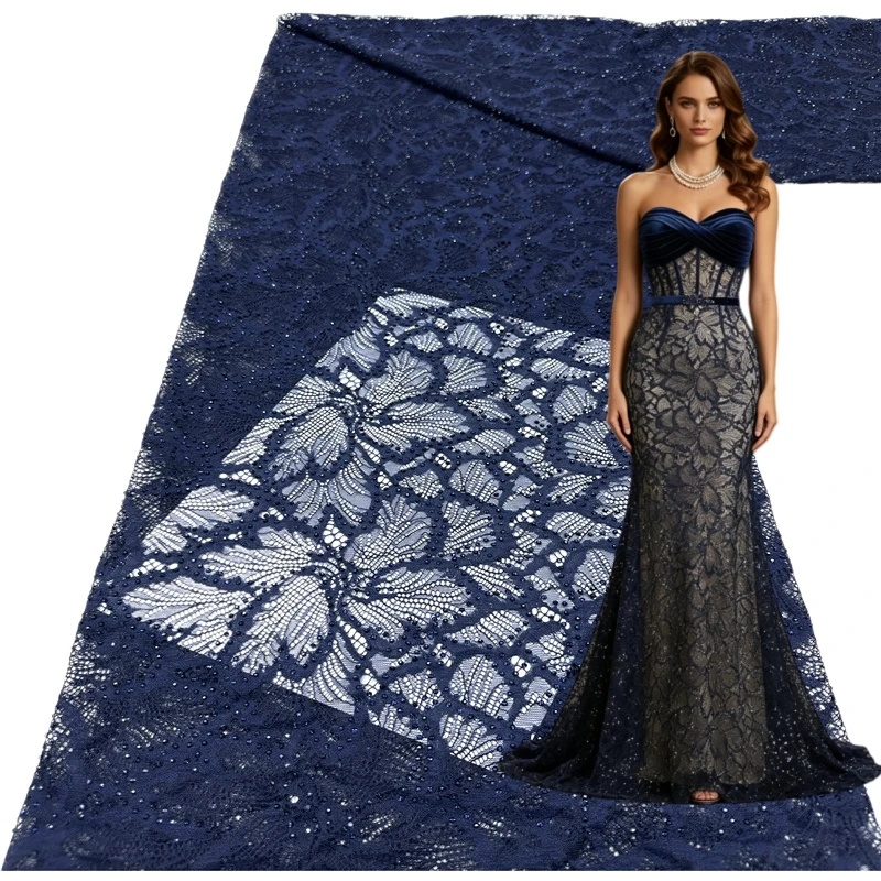 African Glass Diamond Tulle Lace Fabric French Sequins Beaded Nigerian Embroidery Lace Fabric For Party Dress Wedding Dress