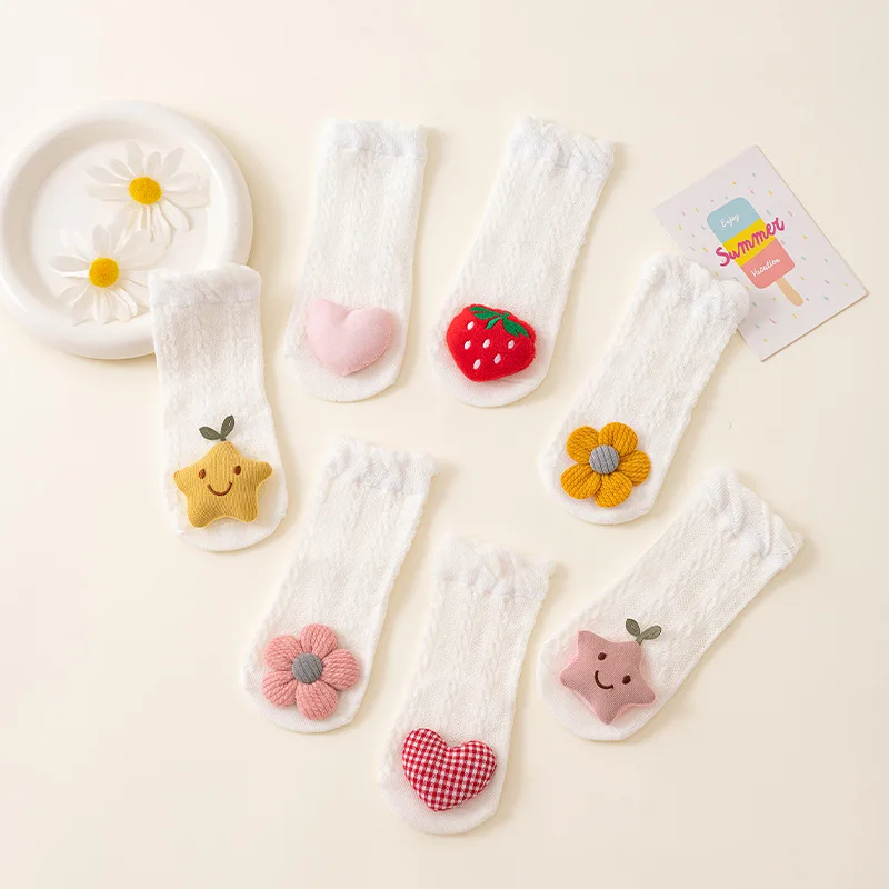Cute Cartoon Baby Socks Spring Summer Soft Middle Tube Socks for Infant Toddler Girls Lovely Strawberry Star Flower Floor Socks