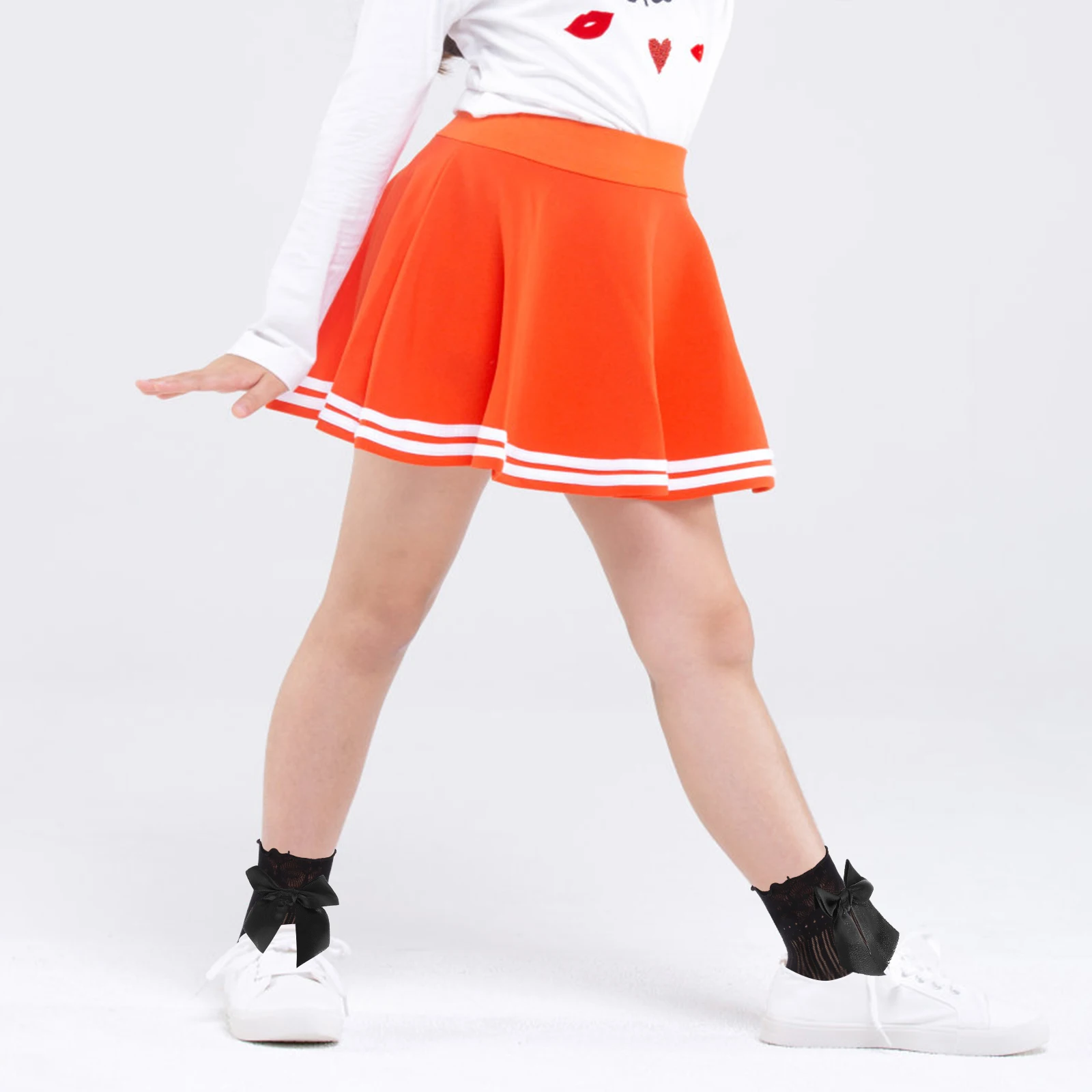 

4 Pairs Stylish Girls Knee High Socks With Vertical Stripes Bow Lace Trim Kids Outdoor Socks Over Calf Stockings