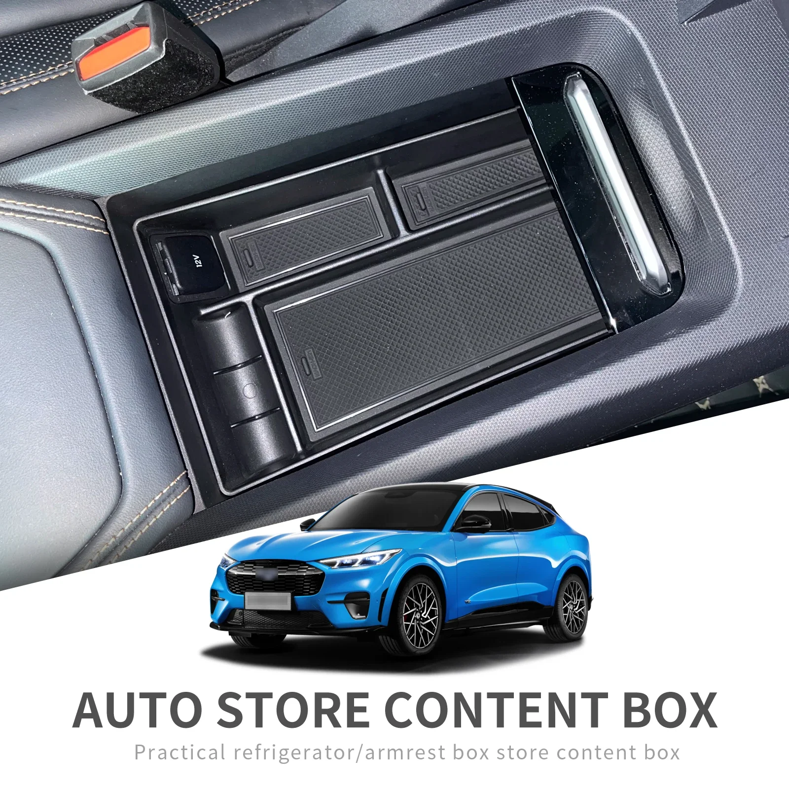 Center Console Armrest Storage Box Organizer Holder Accessories For Ford Mustang Mach E 2021-2024 Black