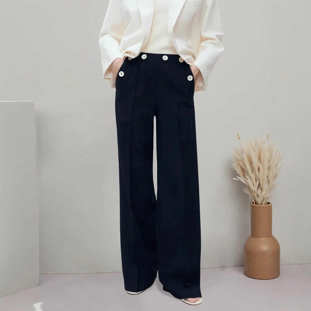 Elegant Solid Color Suit Wide-leg Pants. With Side Double Pocket Design, Women's Professional Slim-fit Long Pants. For Commuting