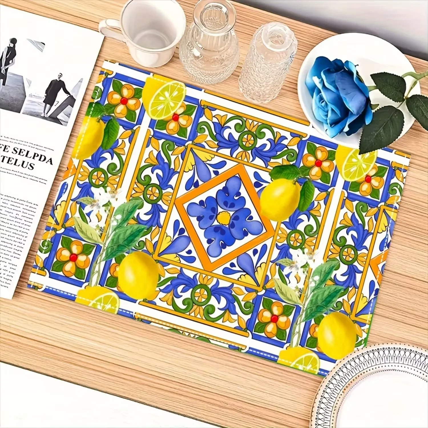 

VIKAMA Mediterranean Style Placemats Blue Orange Lemon Floral Family BreakfastGarden Party Dining Room Decoration