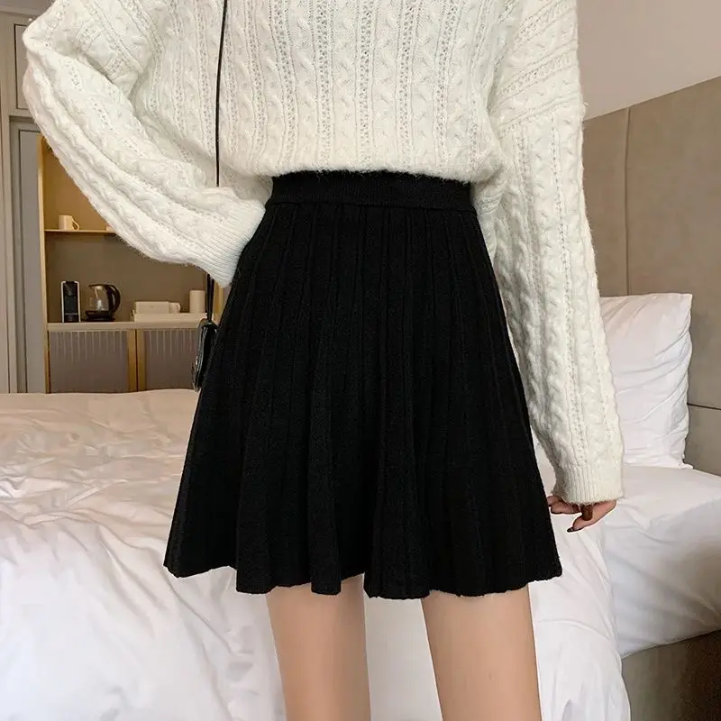 Korean Style Sexy Pleated High Waist Knitted Mini Skirt for Women Autumn Winter Casual Harajuku Y2K Slim Fit Solid Street Skirts