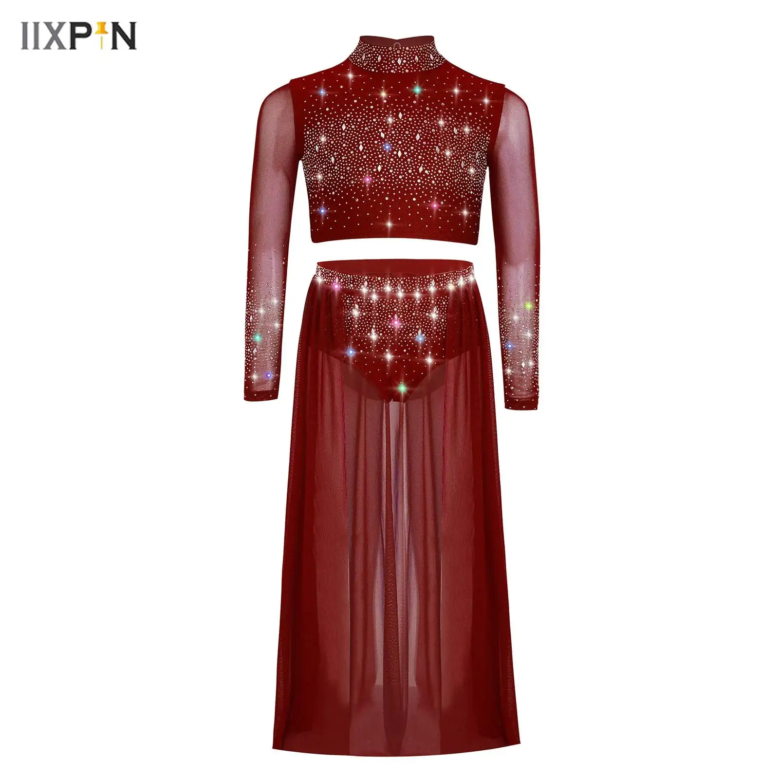 

Kids Girls Lyrical Dance Outfit Mock Neck Long Sleeve Keyhole Back Shiny Rhinestones Crop Top+Open Front Flowy Sheer Mesh Skirt