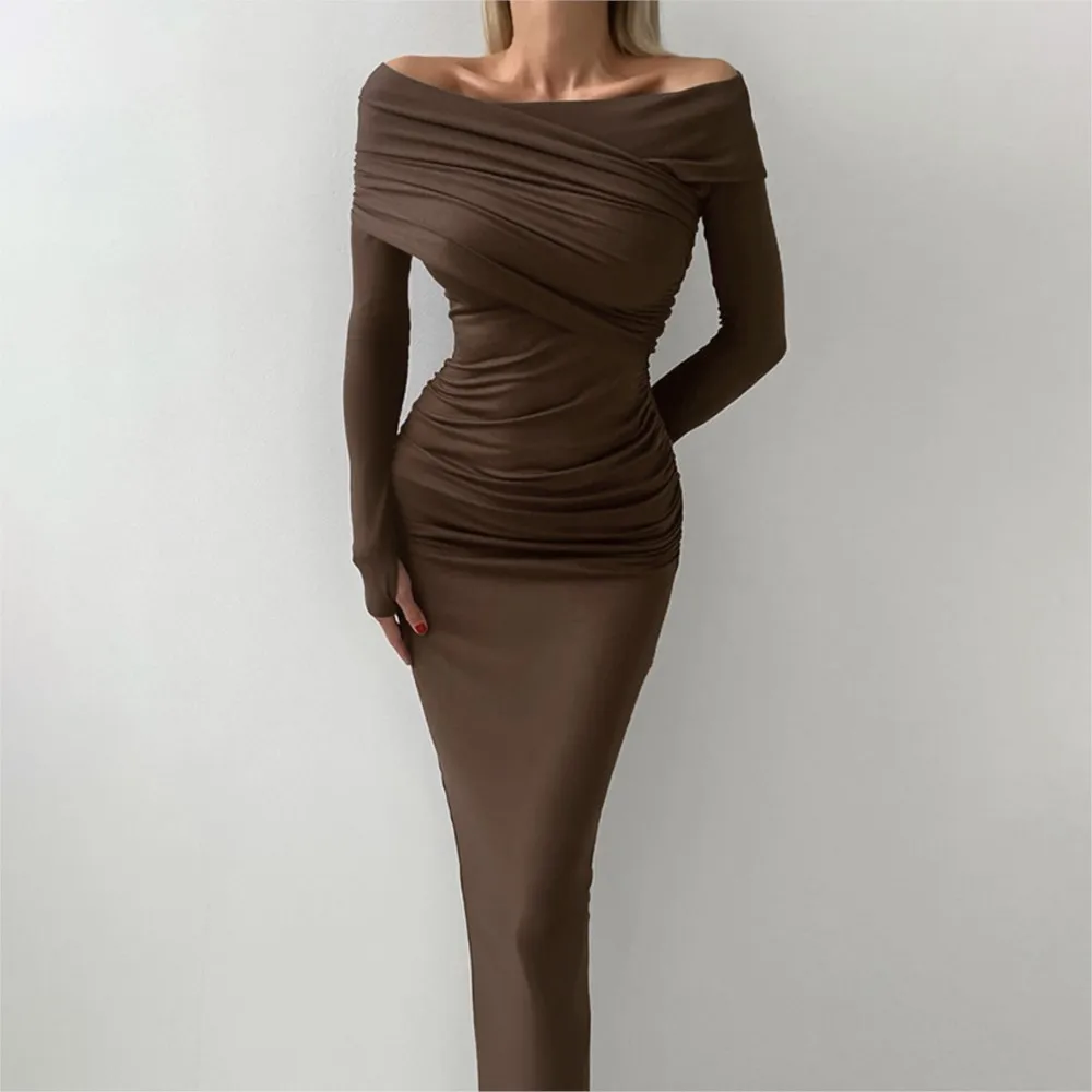 

Hip-hugging Long Dress Spring Autumn Women Warm Tight One-line Collar Bottoming Dress Elegant Party Dresses Vestidos Para Mujer