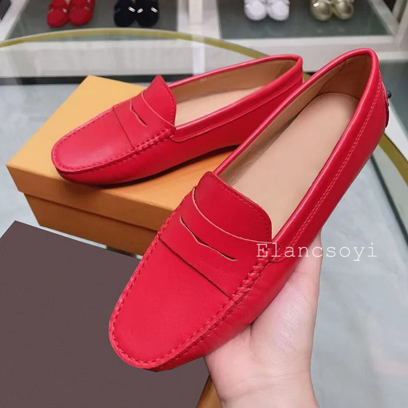 Spring Autumn Flat Bottom Walking Single Shoes Women Genuine Leather Round Toe Dou Dou Shoes Feamle Solid Color Lazy Loafers