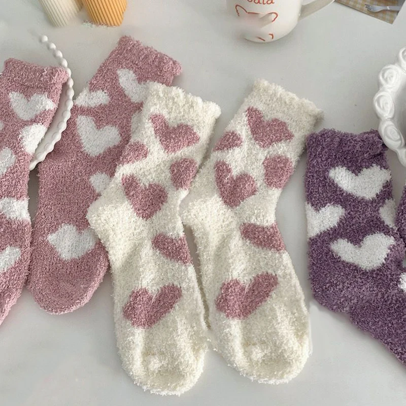 1 Pairs Thickened Heart Coral Fleece Socks For Women Medium Sleeve Comfort And Warmth Winter Socks Floor Socks