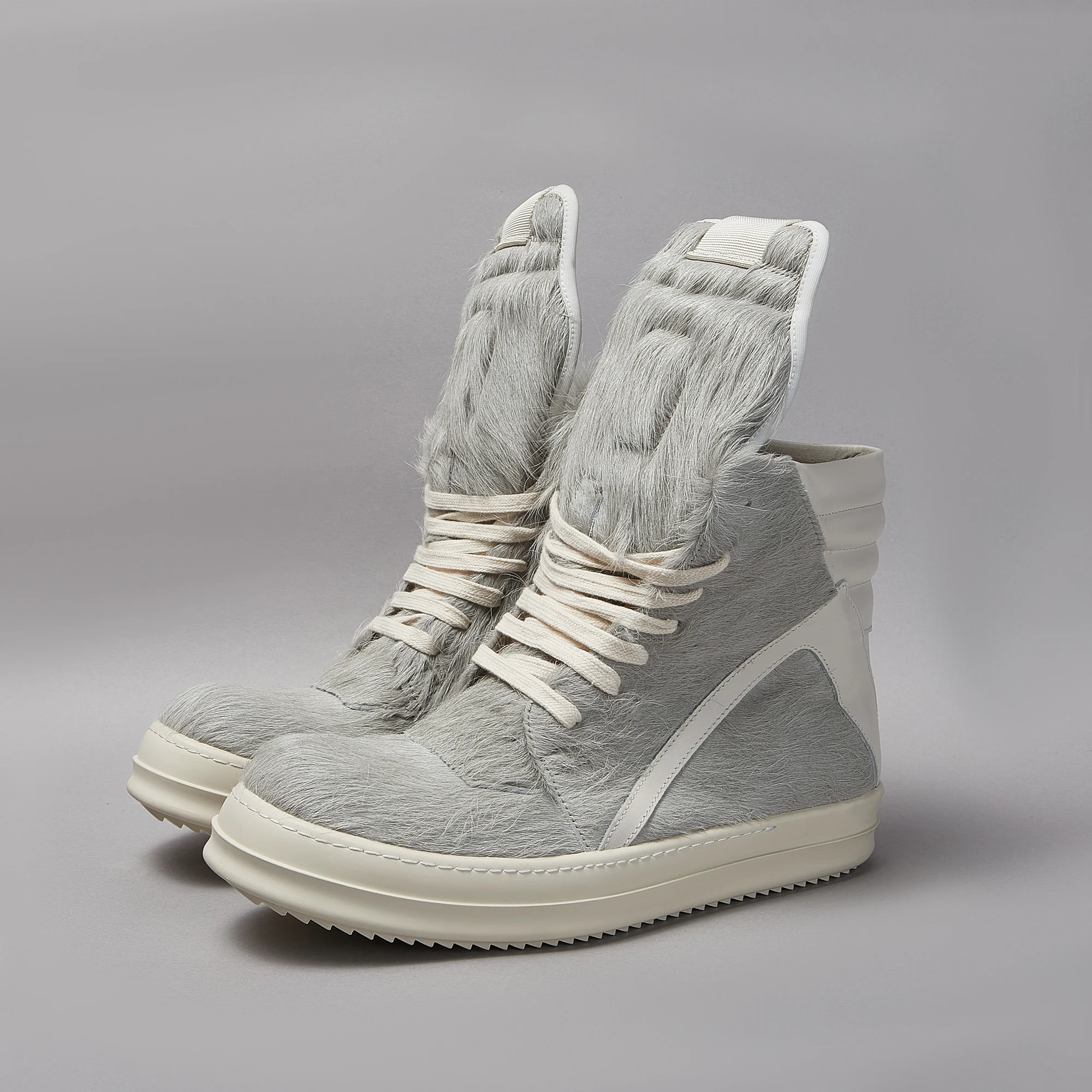 

Unisex Horsehair High Top Sneakers – Luxury Streetwear Platform Fashion Boots, Designer Lace-Up Casual Shoes in Pink, Red, and