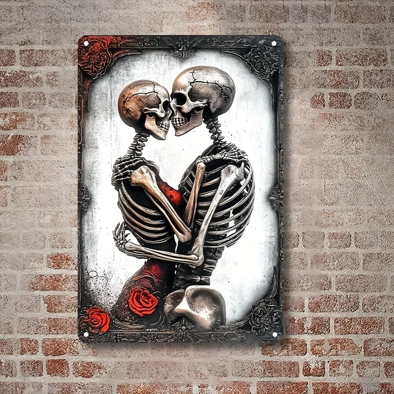 

Vintage 2D Flat Aluminium Wall Art: Romantic Skeleton Couple, Perfect for Halloween, Bars, Restaurants, or Home Decor