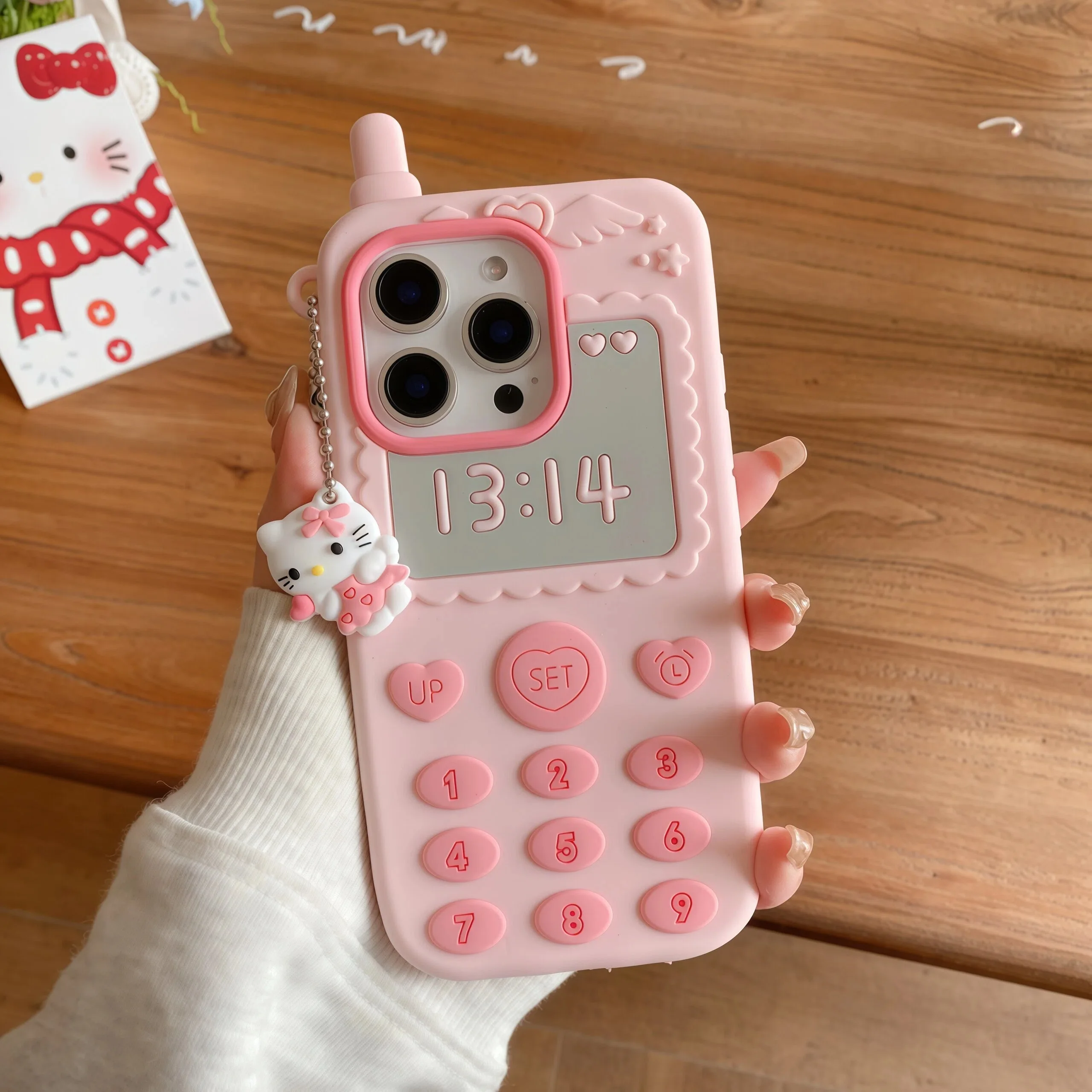 Cartoon Hello Kitty Pendant Telephone Phone Case For iPhone 17 16 15 14 13 12 Pro Max Plus 16 17E Shockproof Silicone Back Cover