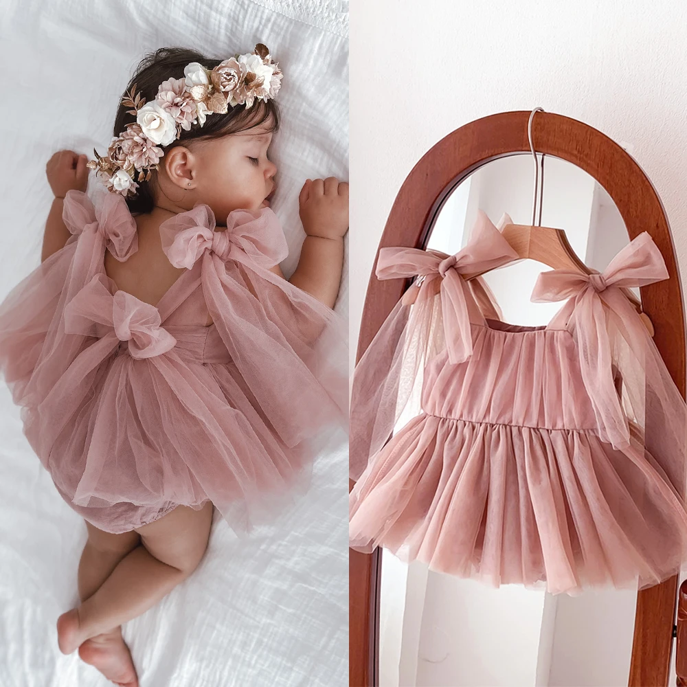 Summer Baby Girl pagliaccetto Set Tulle Toddler Princess Dress neonate body con fiocco posteriore neonato 0-24M mamma e Me servizio fotografico