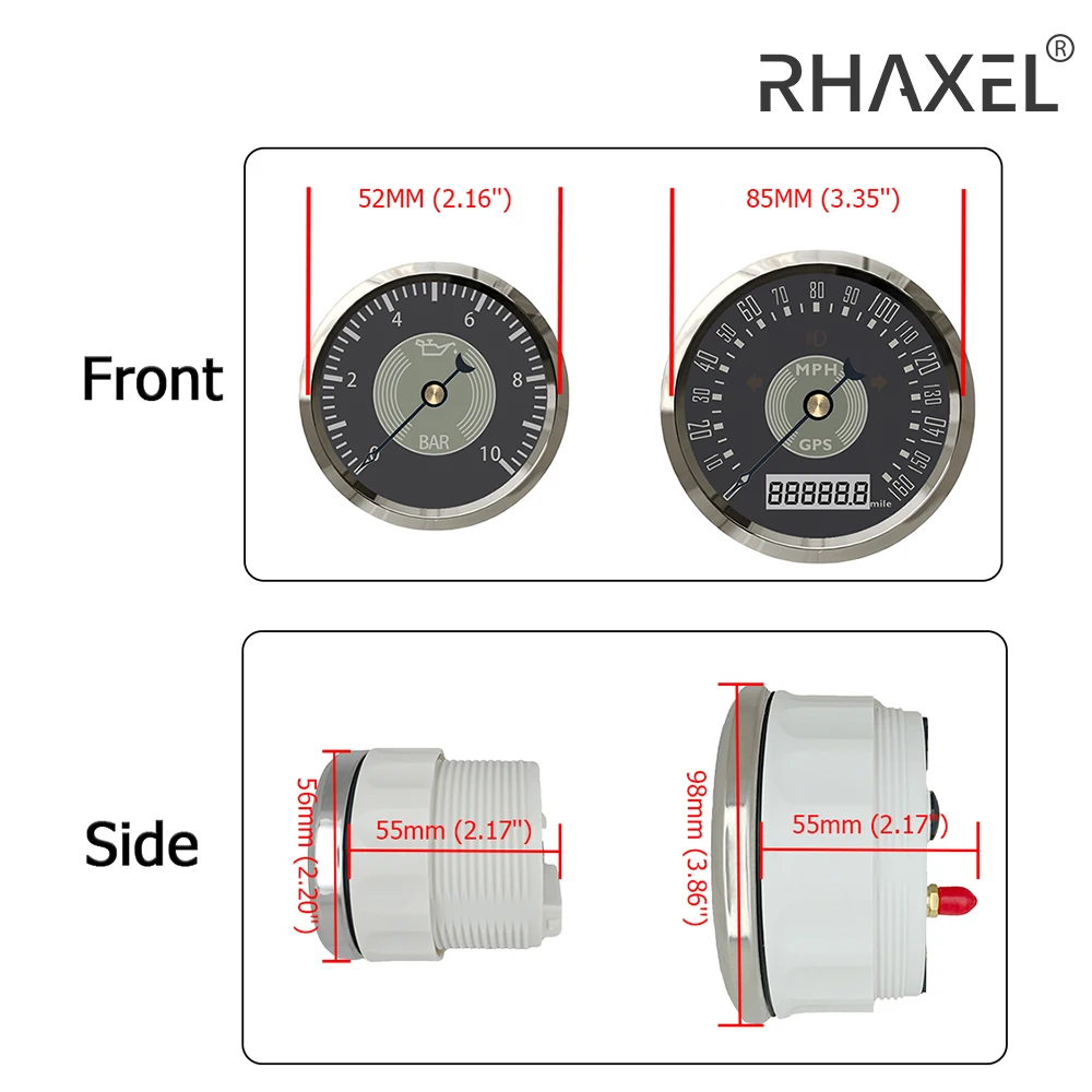 RHAXEL Speedometer Car GPS 160 200 220 km/h MPH Tachometer 8K 12K Fuel Level Water Temp. Oil Press. Voltmeter with Backlight 12V