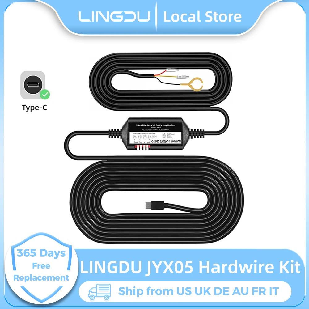 Kit de cables conductores ACC de 3 conductores, puerto USB tipo C para Monitor de estacionamiento DashCam 24H, Kit de fusibles, convierte 12V-24V a salida de 5V/2,5A, voltios máximos y bajos