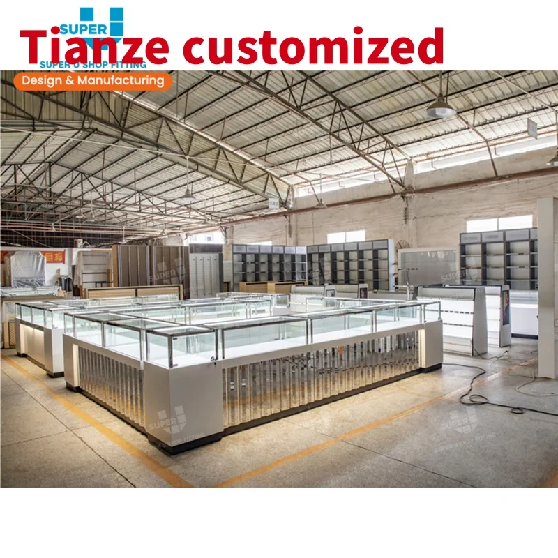 (customized)Bespoke Shopping Mall Kiosk Display Counter Retail Showcase Store Fixtures Glass Display Cabinet with LED Lights Sup