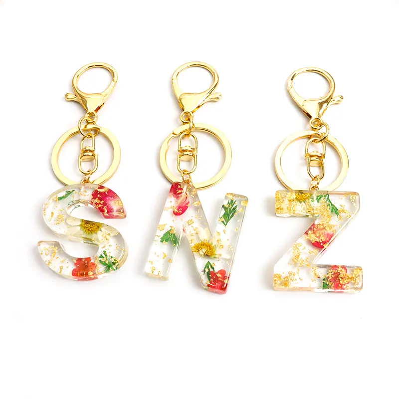 Real Dried Flower 26 Initial Letter Keychain Exquisite Crystal Resin A-Z English Alphabe Charm Keyring Women Bag Key Accessories