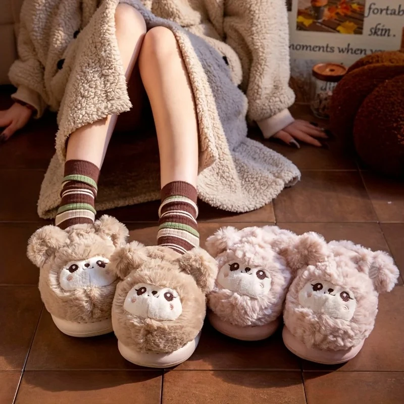 

Зимние женские плюшевые овечьи тапочки с милыми мультяшными животными, теплая домашняя обувь, мягкая уютная толстая подошва, противоскользящая домашняя обувь