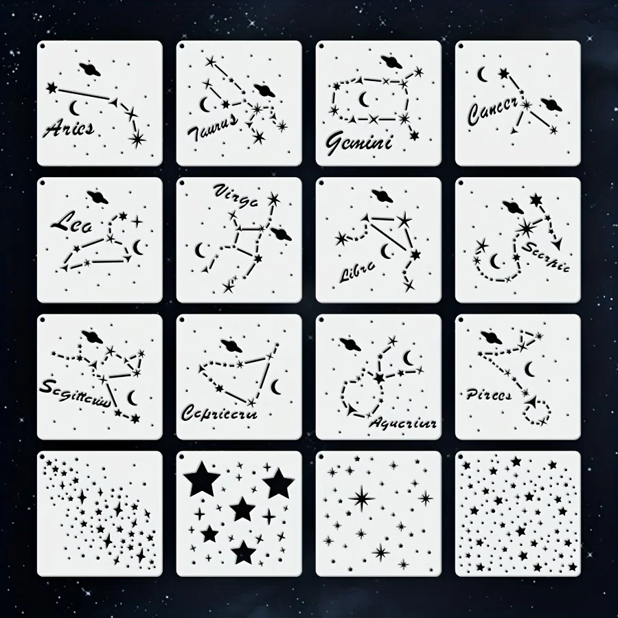 16 pezzi 5,9x5,9 pollici zodiacale costellazione stella stencil set per pittura fai da te journaling parete tessuto in legno modello artistico
