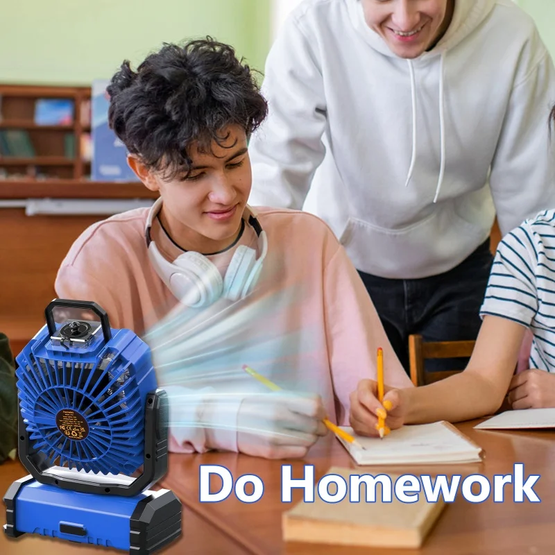 مروحة تخييم محمولة مع ضوء LED وخطاف - مروحة خارجية مناسبة لموقع بناء انقطاع التيار الكهربائي للسفر في السيارة #5