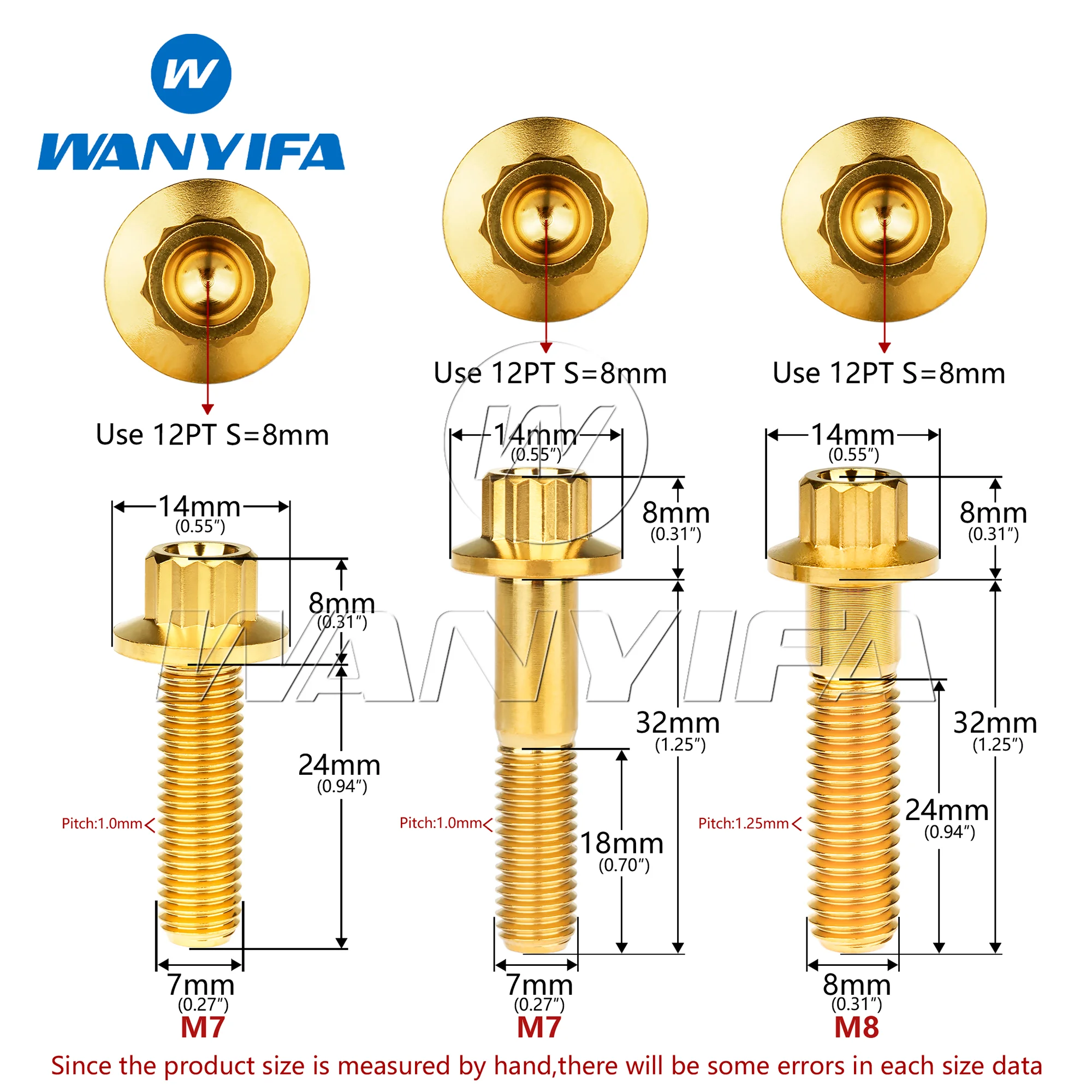Wanyifa parafusos de titânio m7x24/32mm /m8x32mm 12 parafusos de ângulo com passo 1.0mm/1.25mm para peças de conversão de roda automotiva