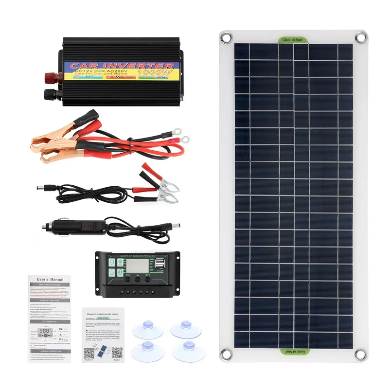 220V Solar Power System 30W Solar Panel Battery Charger 1000W 220W Inverter USB Kit Complete Controller 220V Home Grid Camping