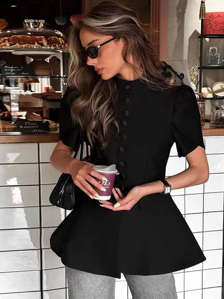 MCDV-Camiseta informal de un solo pecho para mujer, chaqueta elegante con cuello levantado y manga corta abombada, traje adelgazante de cintura alta, ropa de calle 2025