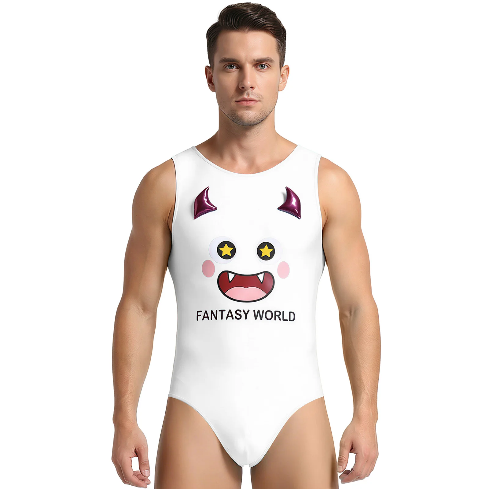 

Мужской комбинезон-пижама с милым 3D-принтом в виде рожков и хвоста, без рукавов, на пуговицах, для сна и отдыха