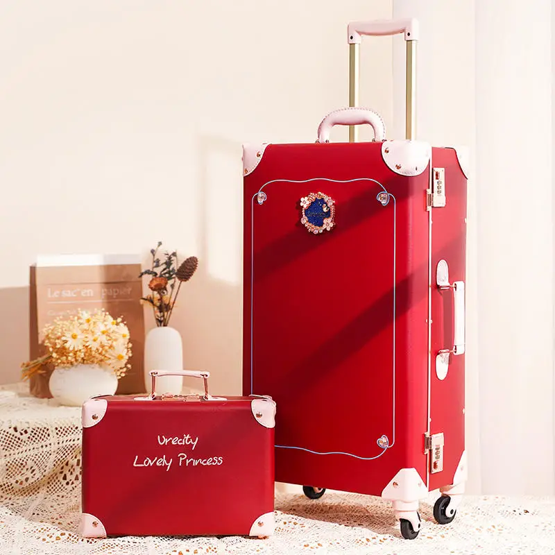 Red Suitcase With Handbag Wedding Dowry Luggage Box Leather High End Pull rod box Combination case a pair of bride dowry box