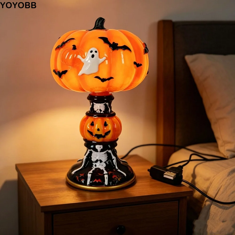 Portable Painted Halloween Night Light USB Powered Handcrafted Resin Pumpkin Lamp Vintage Gothic Halloween Table Lamp Bedroom