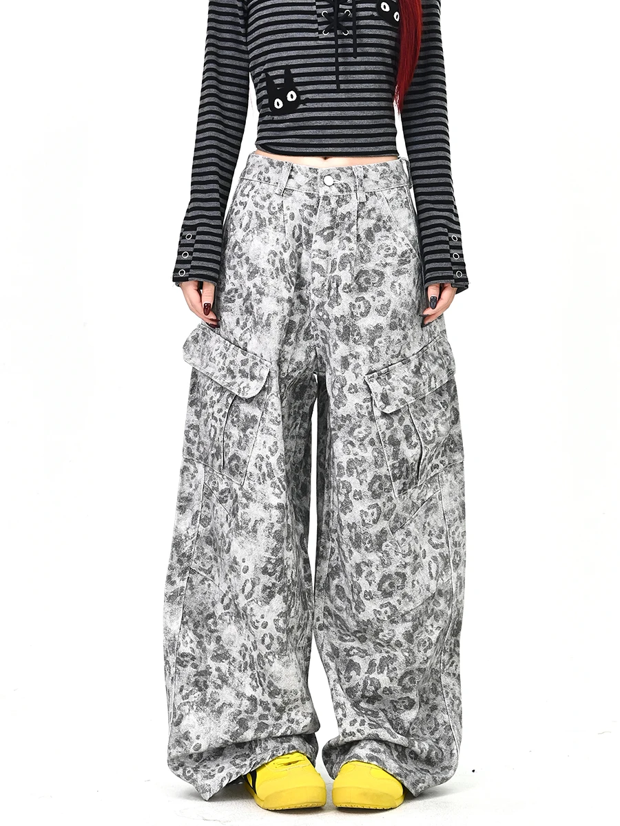 

Trendy Large ket Leopard Print Denim Pants Women's Loose BF American High Street Floor-Length Spring New Arrivals