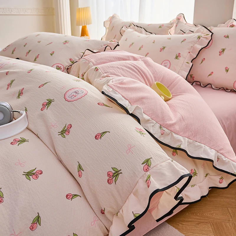 Korean-style Bedding Set Caramel Heart Ruffle Trim Design Duvet Cover Set Sheet Set King Queen for Bedroom Decor Bithday Gift