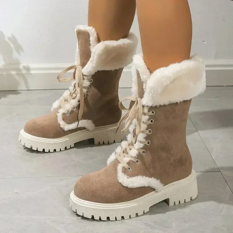 Thicken Plush Women's Winter Snow Boots 2023 Fur Platform Boots Woman Mid-calf Lace-up Snow Boots for Women Warm Cotton Shoes