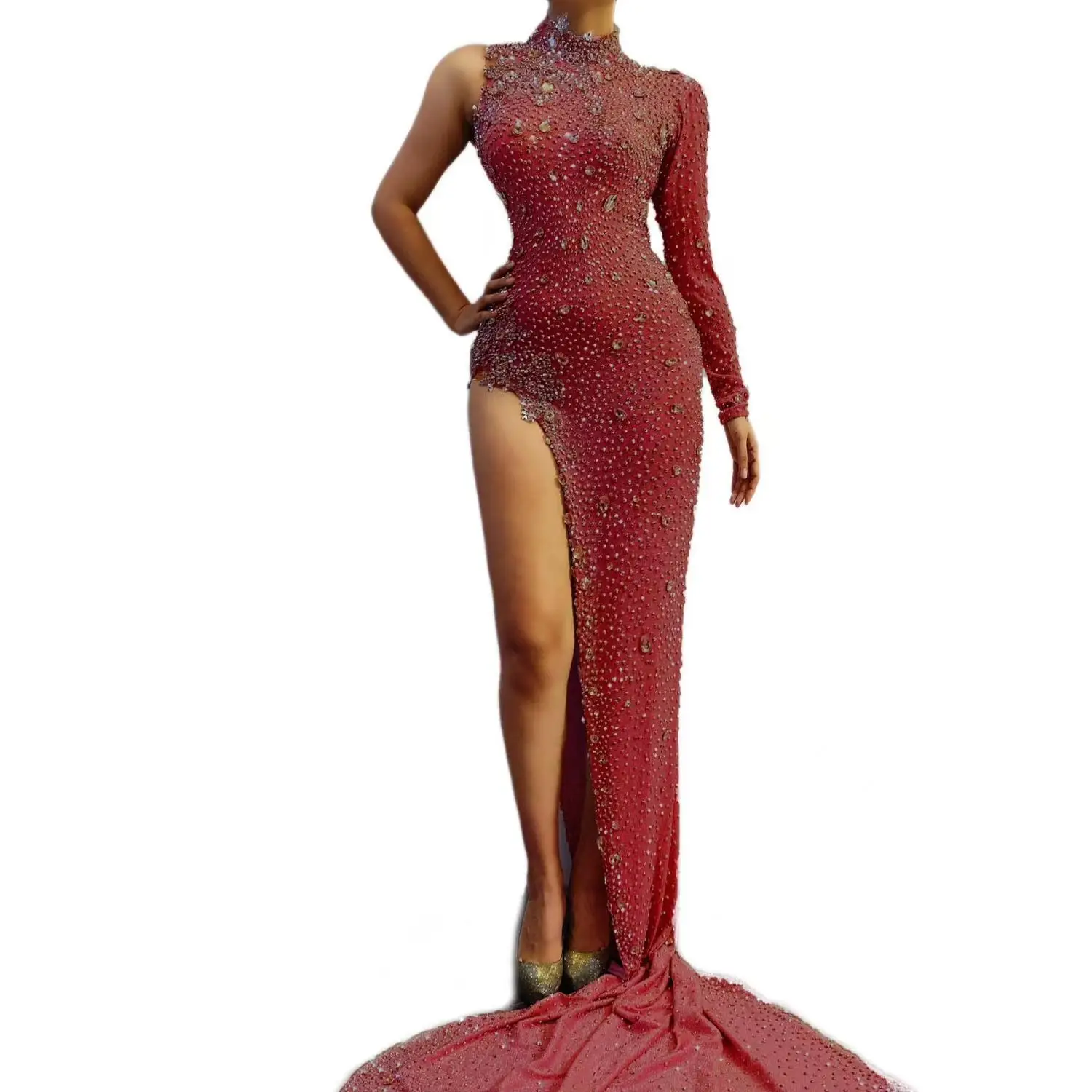 

Fencai Elegant Women One Shoulder Sleeve Dress Sparkling Diamond Split Tail Prom Gowns Birthday Cocktail Graduation Dress