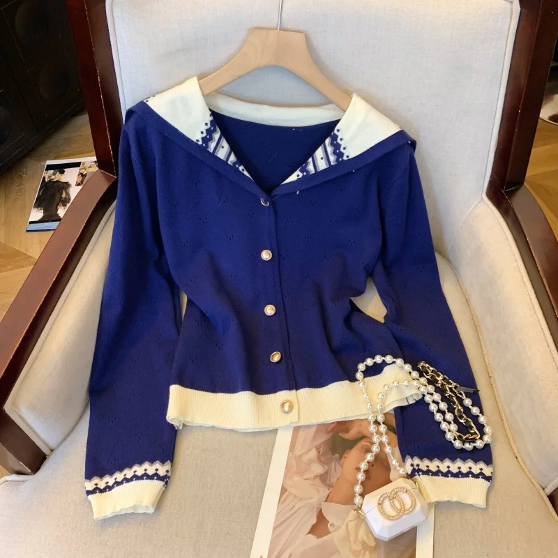 

Женский синий кардиган, свитер Y2k, винтажный элегантный джемпер 2000-х годов, вязаный свитер в консервативном стиле с длинными рукавами и матросским воротником, осень-зима