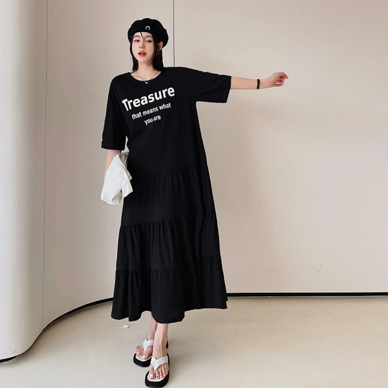 Oversized Black T-Shirt Long Skirt Midi Dress Summer Plus Size Splice Short Sleeve Female Loose  Robe Casual Vestidos Clothing