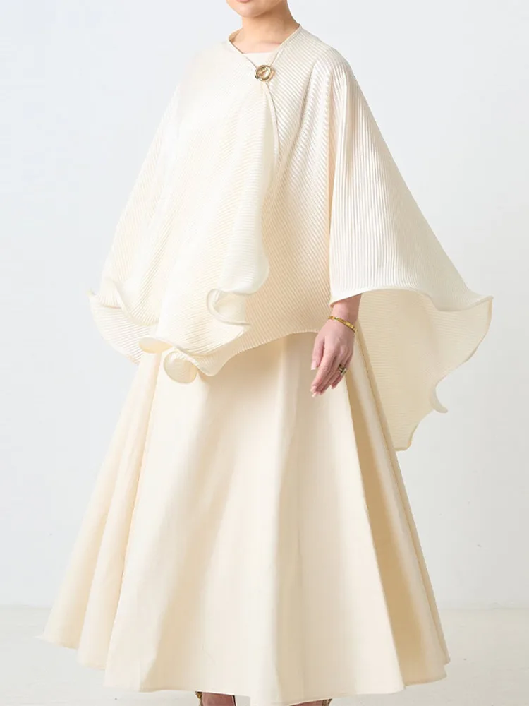 2026 women's Minimalist Cream Two Piece Set Puff Sleeve Blouse Sleeveless Flared Maxi Dress Modest Casual Workwear Daily Outfit