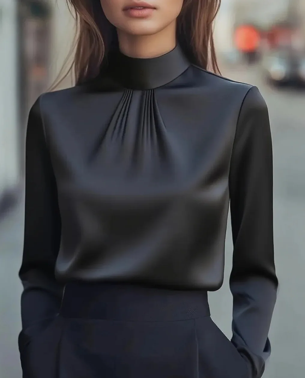 

Spring Autumn Shirts Solid Color Elegant Casual Fashion Commuter Style Woman Clothes Long Sleeves Stand Collar Pullover Tops