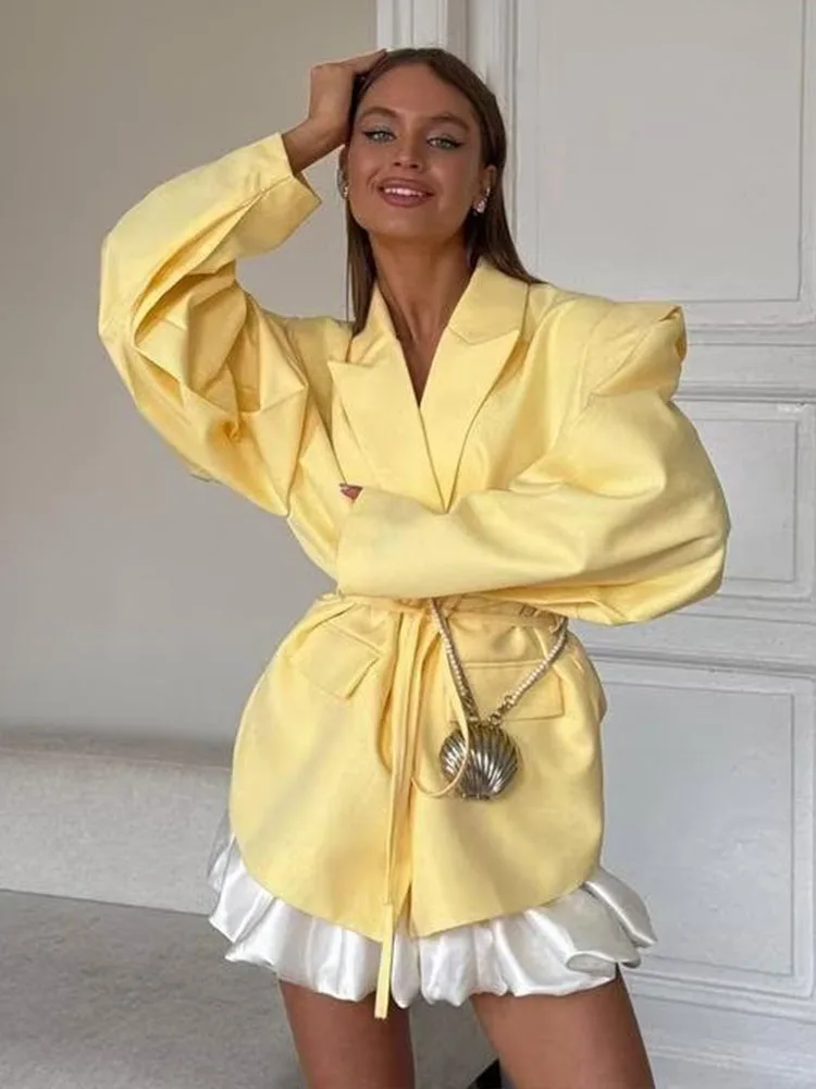 HH Women's New Fashion Waist-Close-Up Blazer Wide Shoulder Coat Female Elegant Lapel One-Buckle 6-Color Long Sleeve Jacket