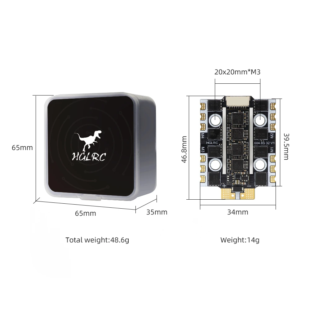 HGLRC 4IN1 Mini ESC 60A 32Bit BLHeli32 AM32 3-8S High Current DShot600 Oneshot PWM Brushless ESC for FPV Freestyle Racing RC Dro