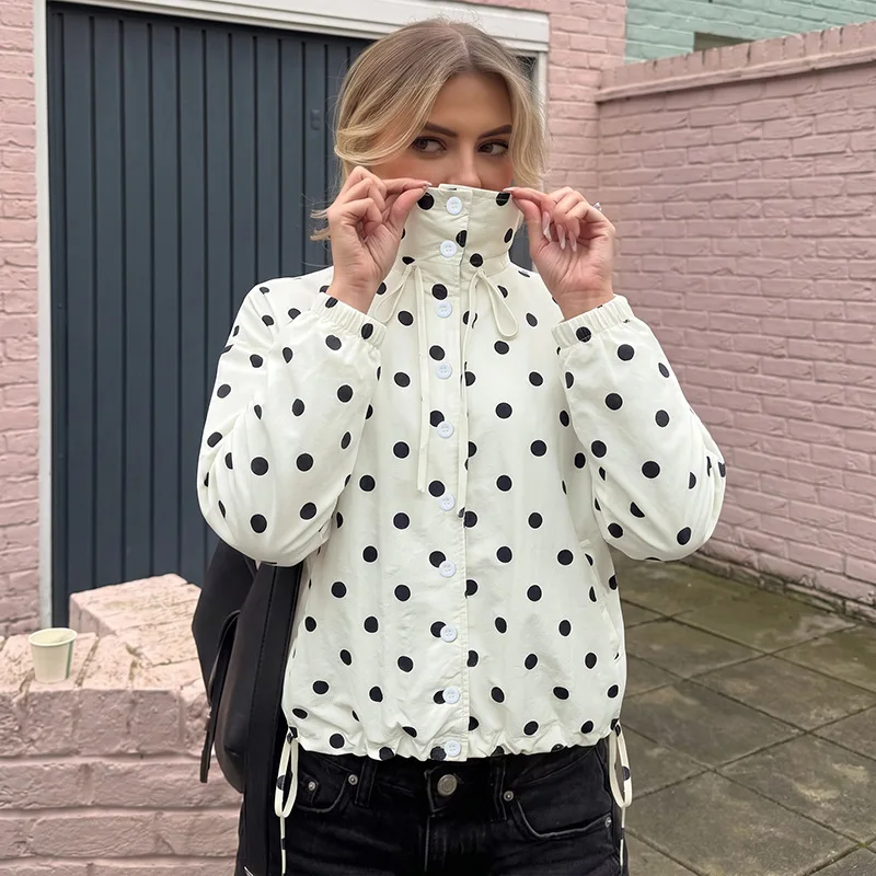 Coat Women Coats Zipper Print Dot Stand Collar Jackets Vintage Y2k Streetwear Work Casual Loose Elegant Splice Jacket Autumn