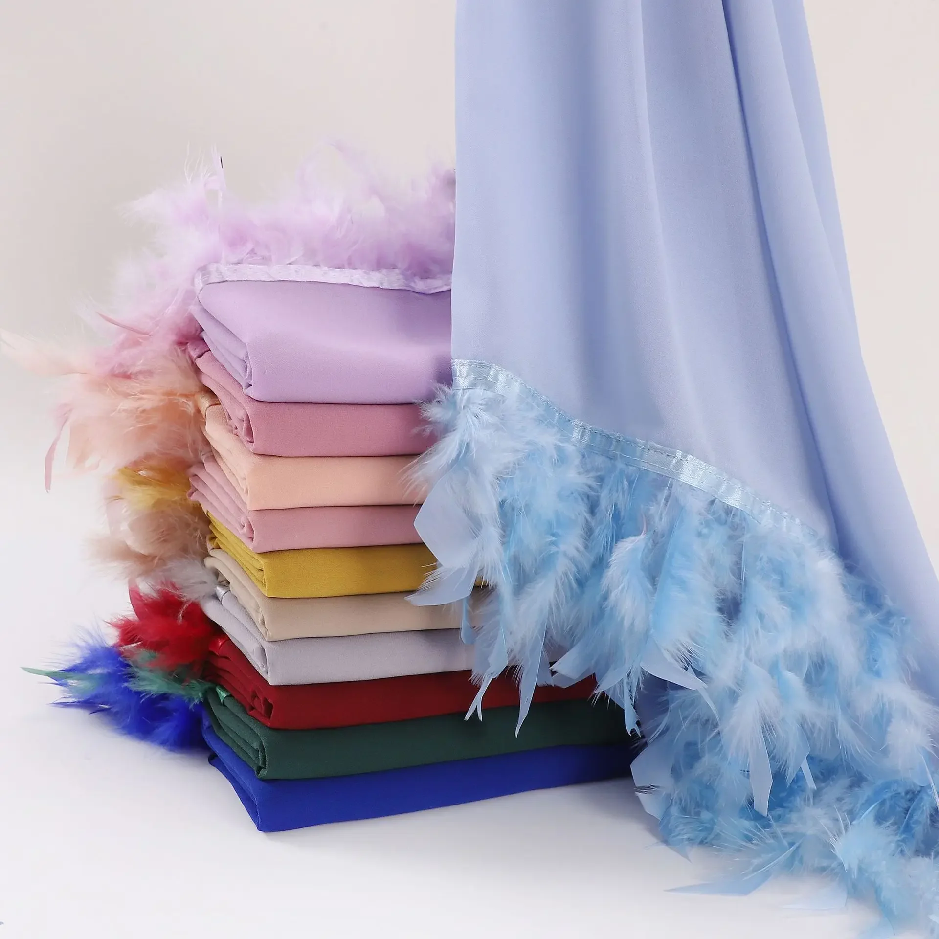 Ostrich Hair Plain Chiffon Hijab for Women, Handmade Feather Scarves, Muslim Fashion Shawl, Headwear Wrap, Foulard Scarf