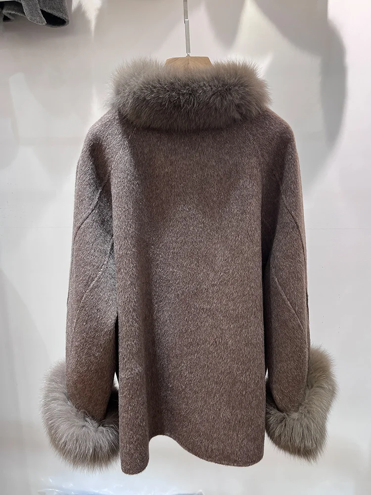 2025 Women Real Fur Coat Natural Fox Fur Collar Cuffs Cashmere Wool Woolen Jacket Outerwear Winter Ladies Cusual Outwear