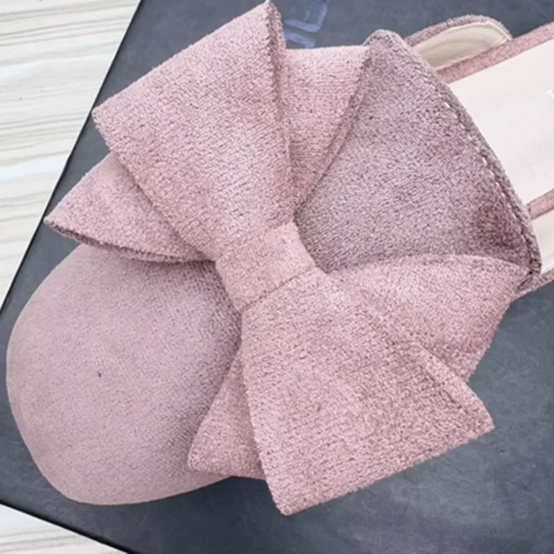 Women Spongy Sole Slippers Butterfly-Knot Flat Slides Square Toe Wide Fitting Flock Cloth Summer Sweet Shoes In Rose Red Yellow