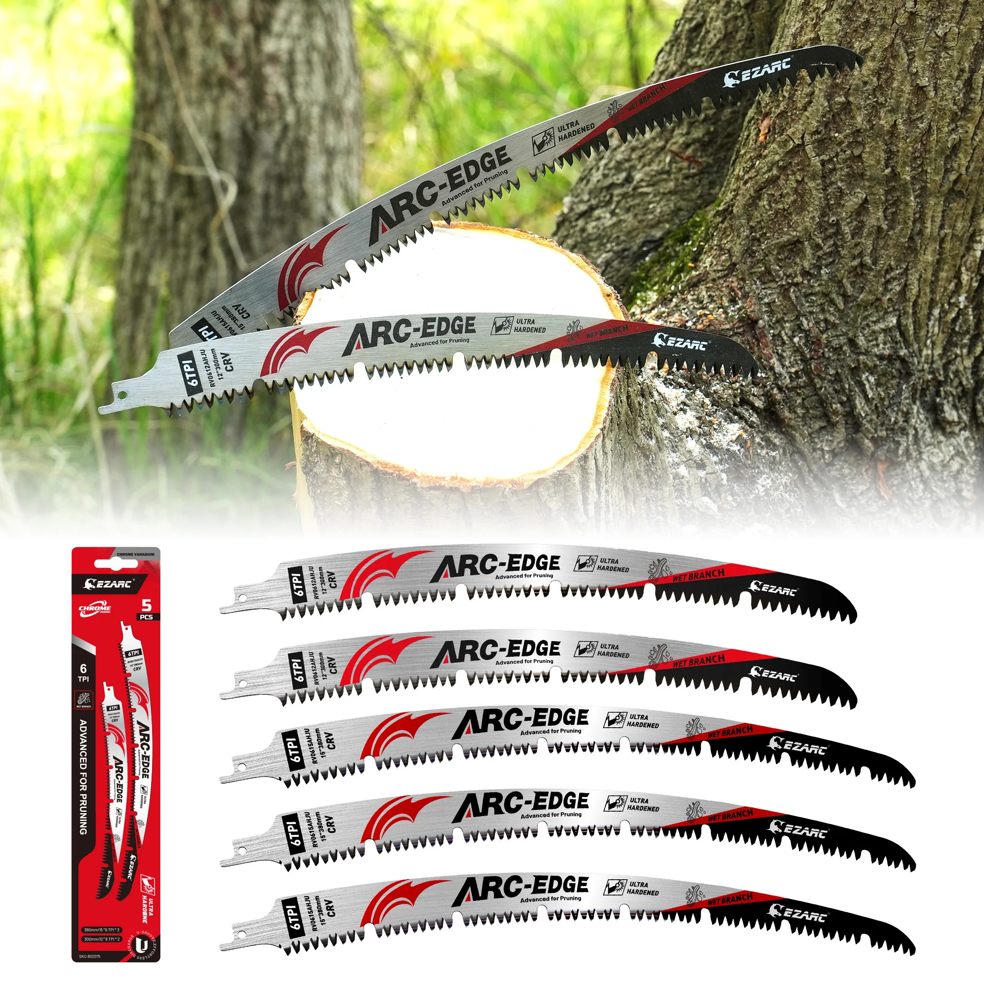 EZARC 5pcs Wood Pruning Reciprocating Saw Blades 12''&15'' 6TPI Arc Edge U-Groove Chip Removal Deep Gullets for Branches, Tree