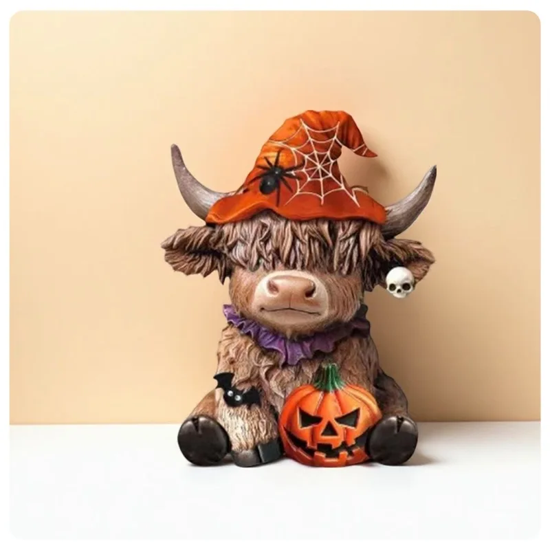 Novo halloween aranha abóbora highland vaca estátua decoração de escritório em casa ornamentos mesa esculturas brinquedos e hobbies