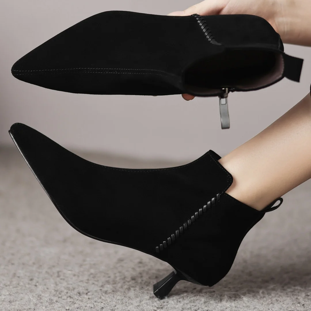 

Women's natural suede leather pointed toe side zip autumn ankle boots elegant ladies 4.5cm thin high heel short booties shoes 40